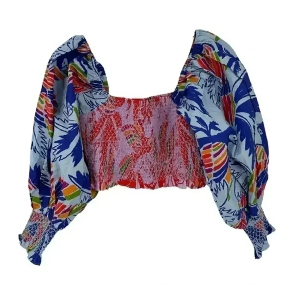 FARM RIO Farm Rio Mixed Birds Puff-Sleeve Smocked Crop Top B1103